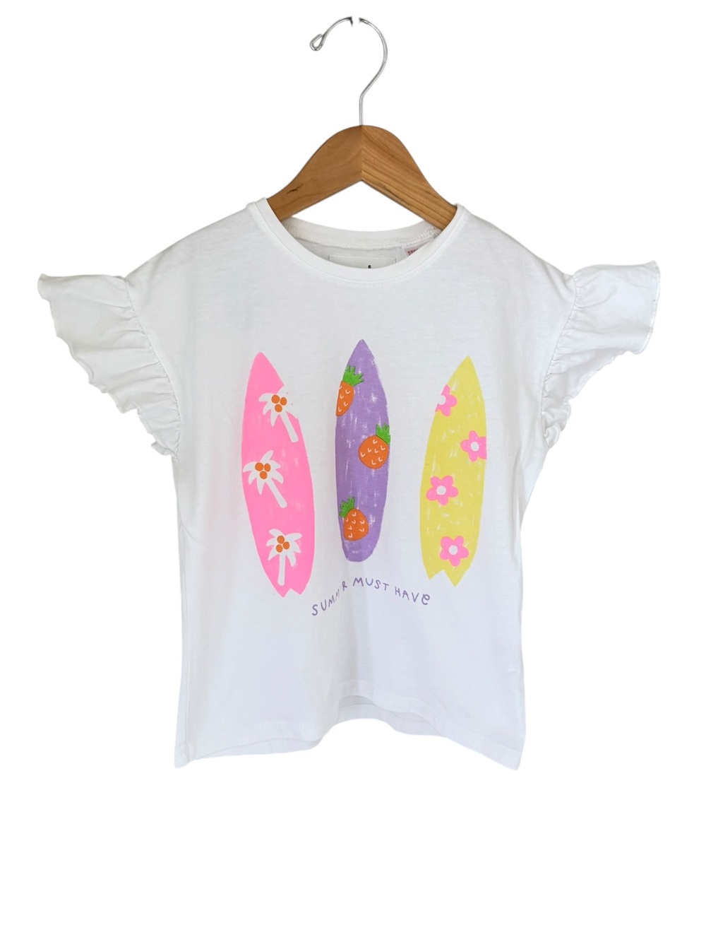 Zara White Tee with Pink, Purple & Yellow Surfboard Prints